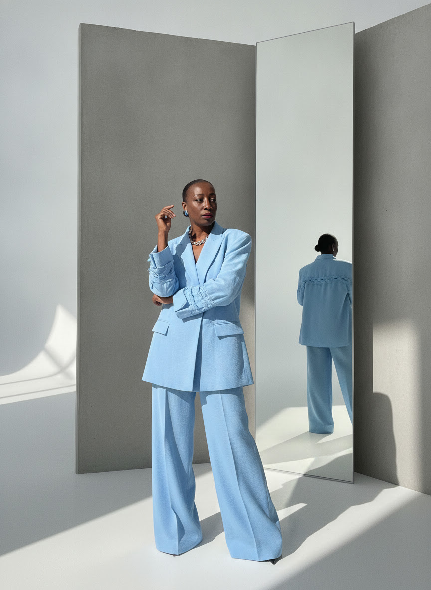 Cheryl E. Felder-Brannon in a light blue suit standing beside a mirror in bright natural light